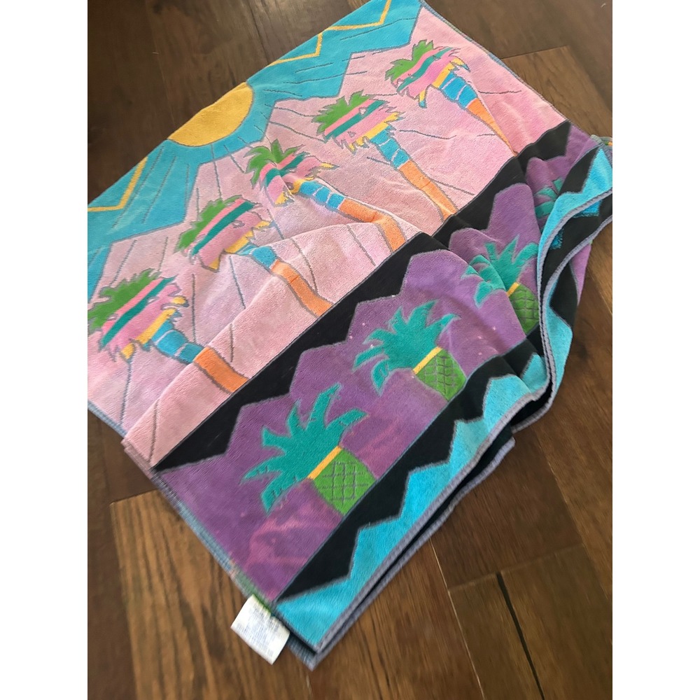 Vintage Terry Treasure Beach Towel Neon Palm Trees Sun 80s 90s Retro Brazil